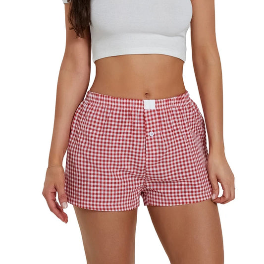 Womens Plaid Striped Print Pajama Boxer Shorts Gingham Lounge PJ Bottoms Shorts Checkered Sleep Shorts Y2K Clubwear